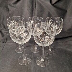 Set of 5 Etched 8.75" Floral Vine Wine Glasses Balloon Stemware Clear Glass